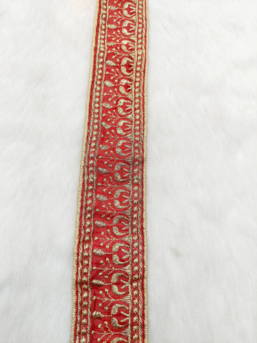 Red Art Silk Trim In Gold Floral Embroidery, Embroidered Flowers Border, Approx. 50mm wide, Decorative Trim, Trim by Yard |9 Yards
